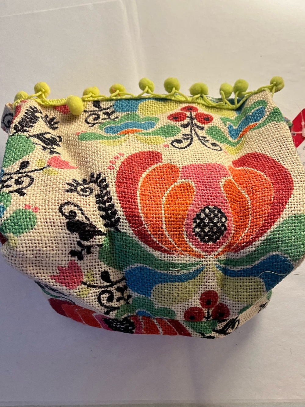 Floral Canvas Pouch with Pom Trim - Multicolor